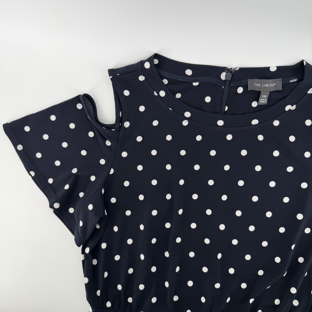 The Limited Polka Dot Cold Shoulder Jumpsuit Wide Leg Navy White PM